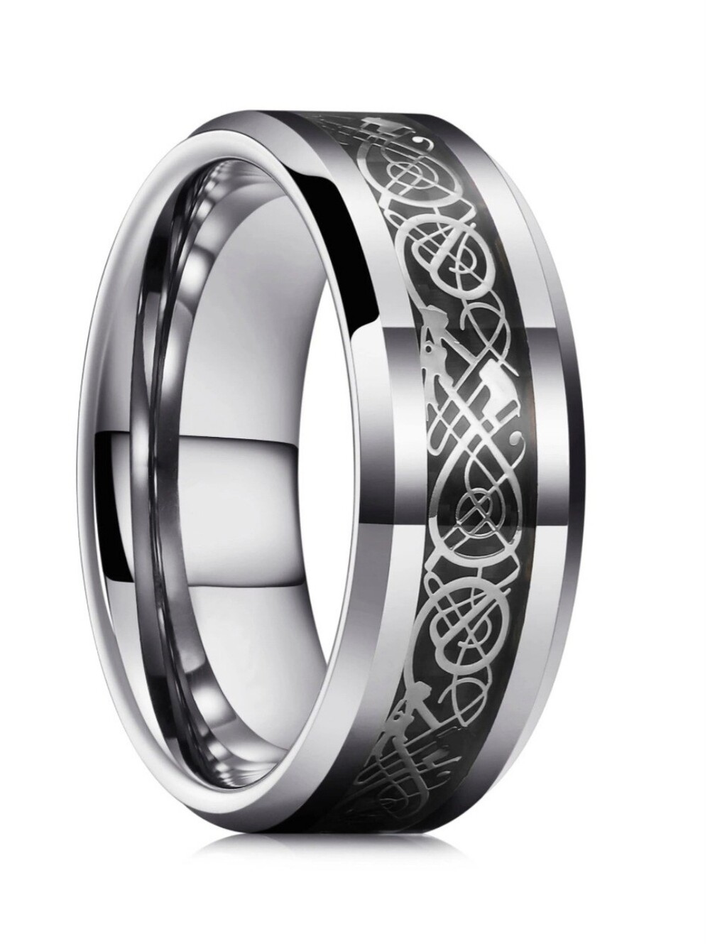 Silver Tungsten Black Dragon Carbon Fiber Inlay 8mm Wide Beveled Edge Band Ring